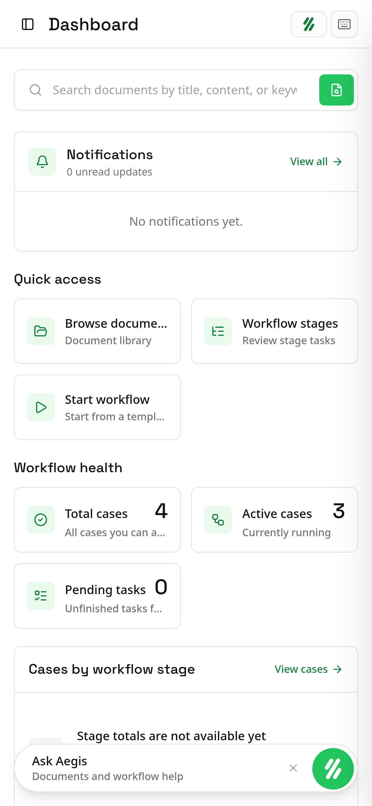 The Scirona dashboard on a phone: a document search bar, quick access tiles, workflow health counters, cases by workflow stage, and the Ask Aegis bar.